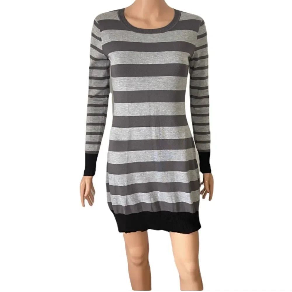 Allison Brittney Gray Stripe Knit Sweater Dress SMALL